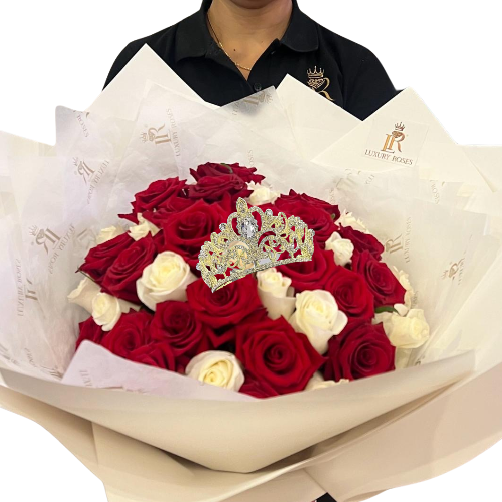 FOR MY QUEEN WHITE AND RED ROSES BOUQUET